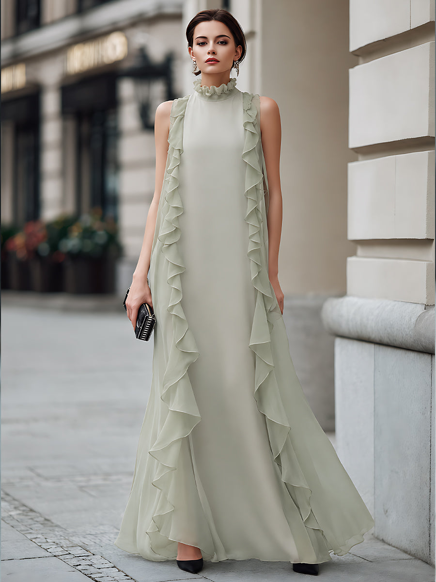 Ruffle Trim High Neck Chiffon Maxi Dress