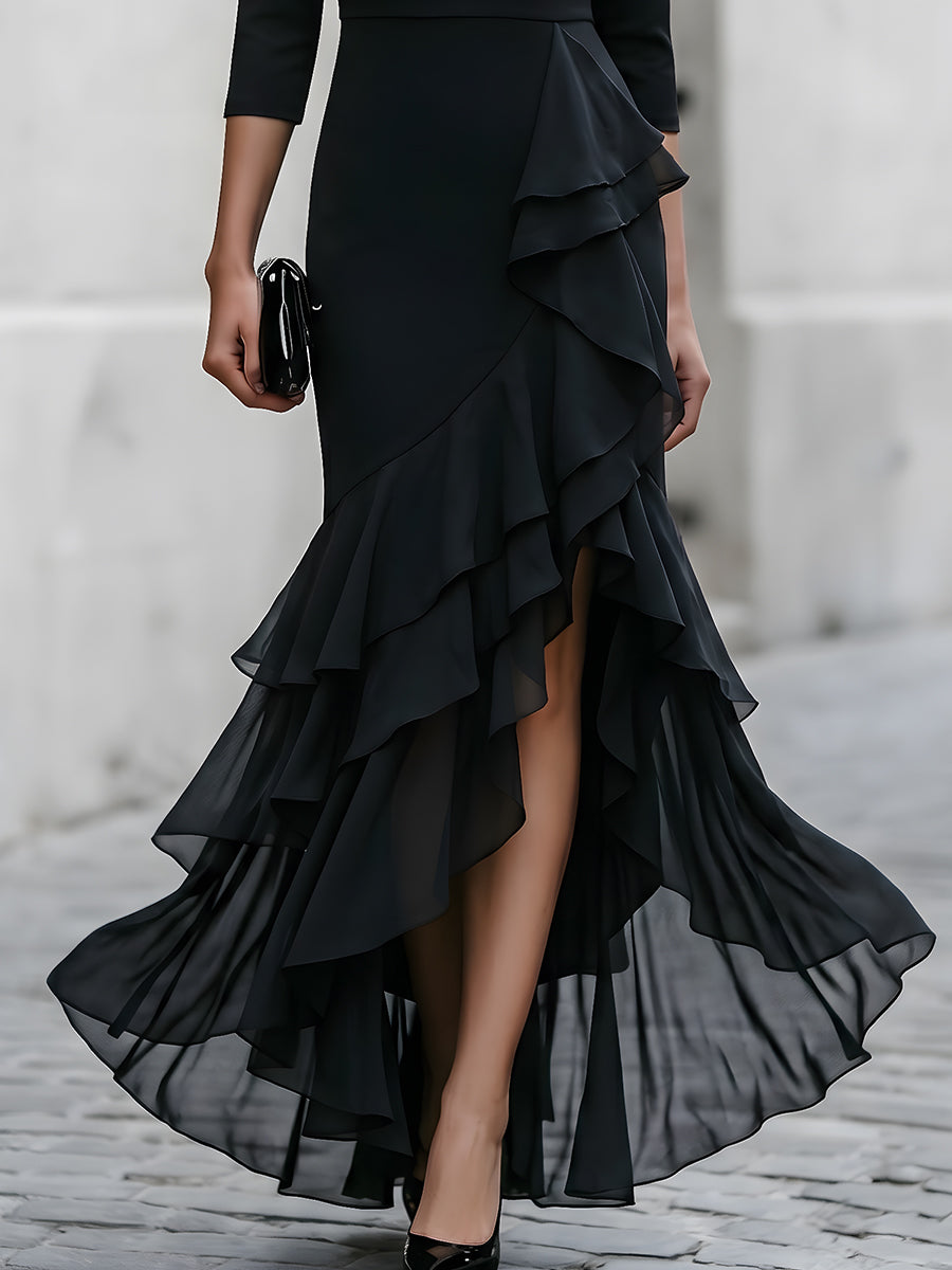Three-Quarter Sleeve Asymmetric Ruffle Maxi Dress