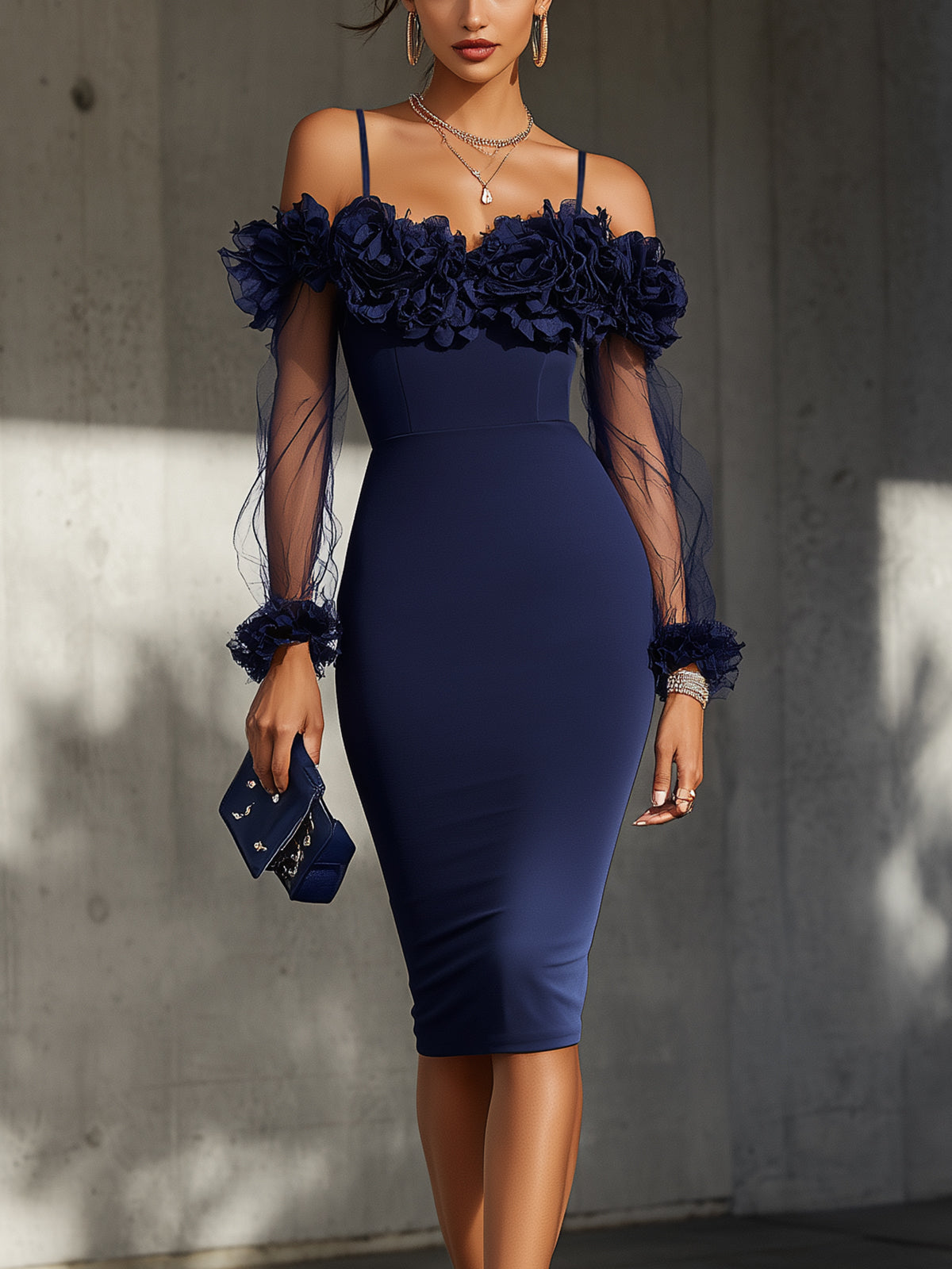 Navy Off-Shoulder Bodycon Midi Dress With 3D Floral Detail