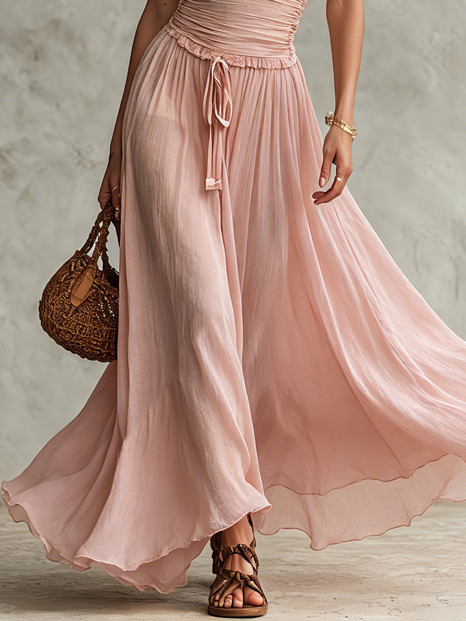 Pink Chiffon Short Sleeve Maxi Dress