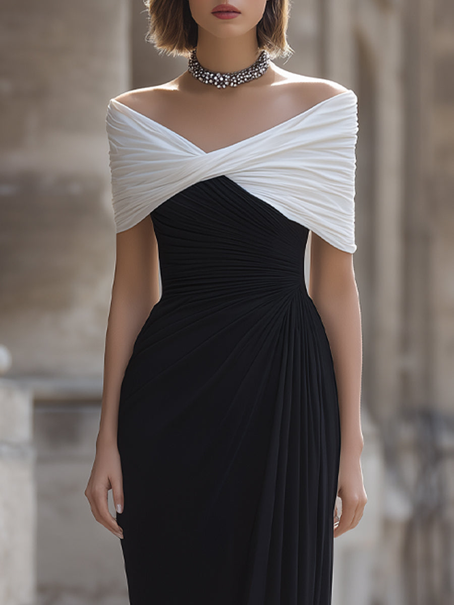 Contrast Off-Shoulder Draped Maxi Dress