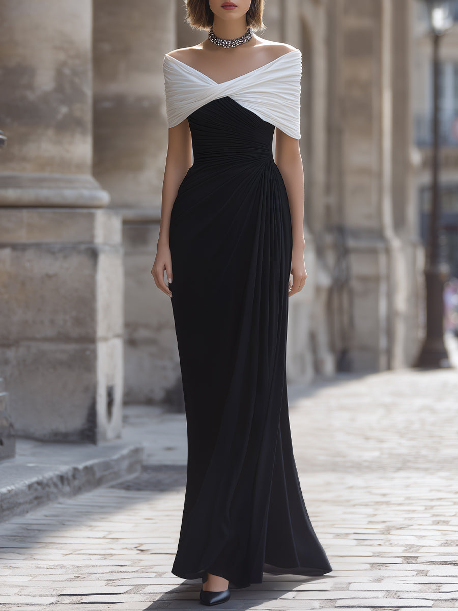 Contrast Off-Shoulder Draped Maxi Dress