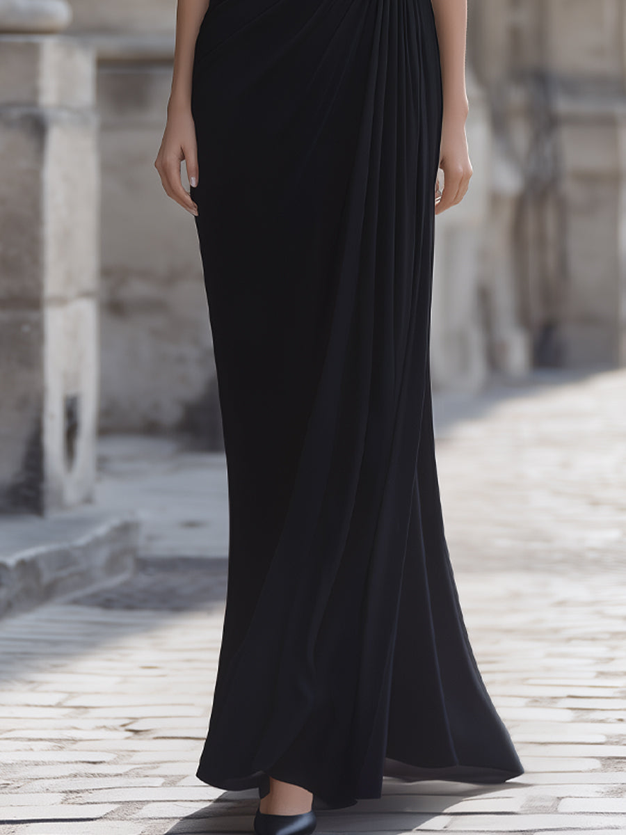 Contrast Off-Shoulder Draped Maxi Dress