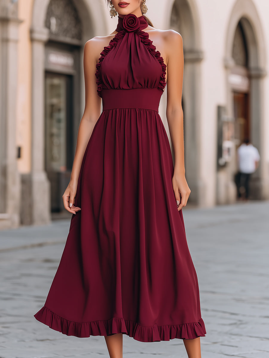 Burgundy Halter Ruffle Midi Dress
