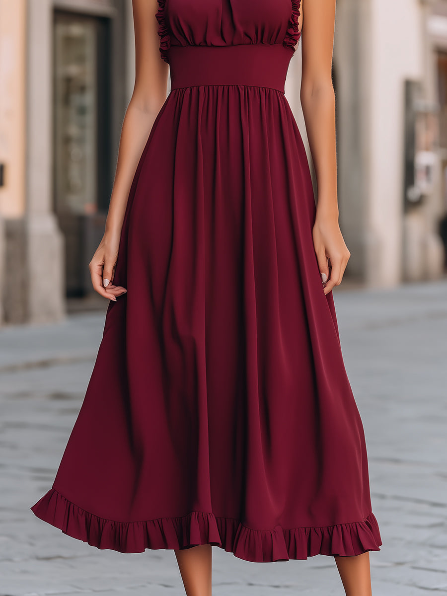 Burgundy Halter Ruffle Midi Dress