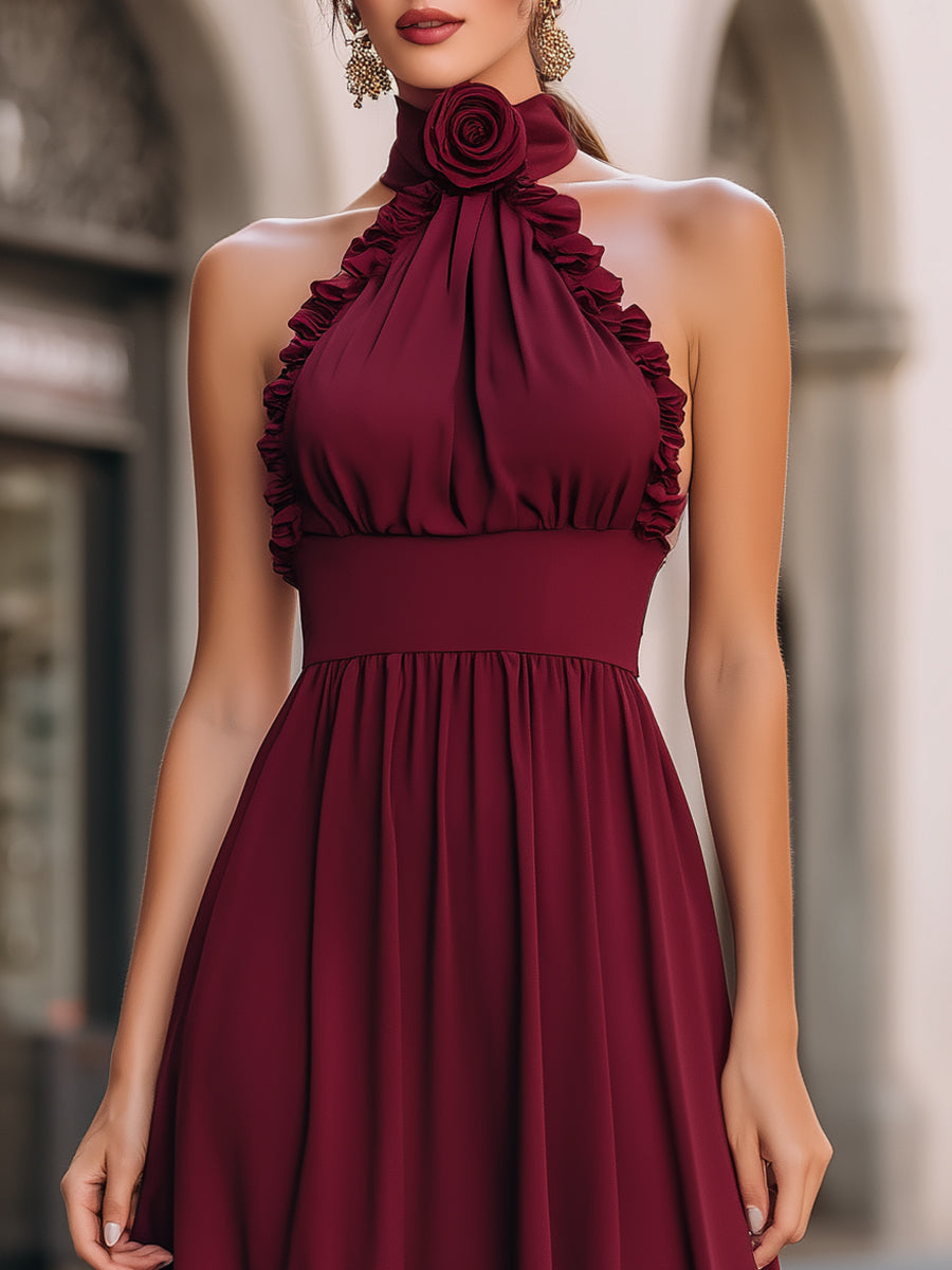 Burgundy Halter Ruffle Midi Dress
