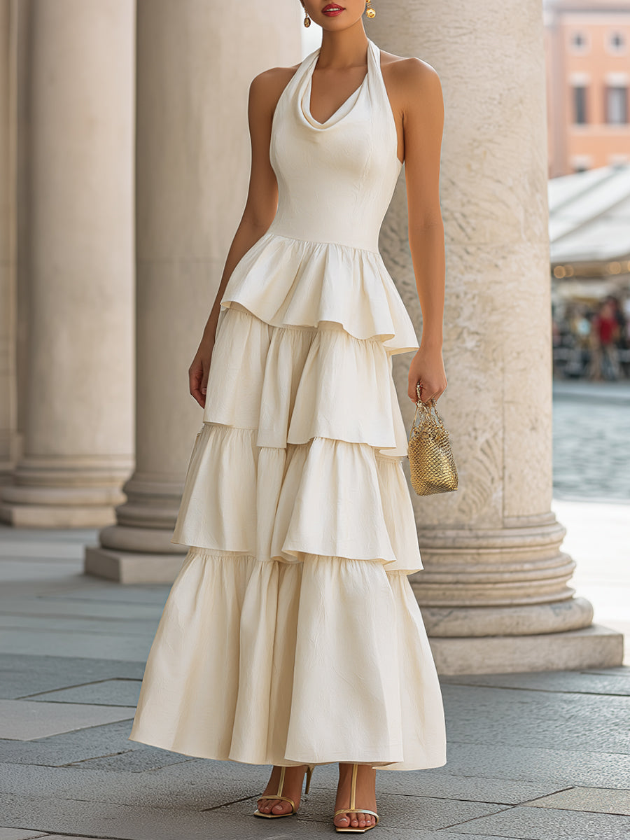 Ivory Halter Peplum Tiered Maxi Dress
