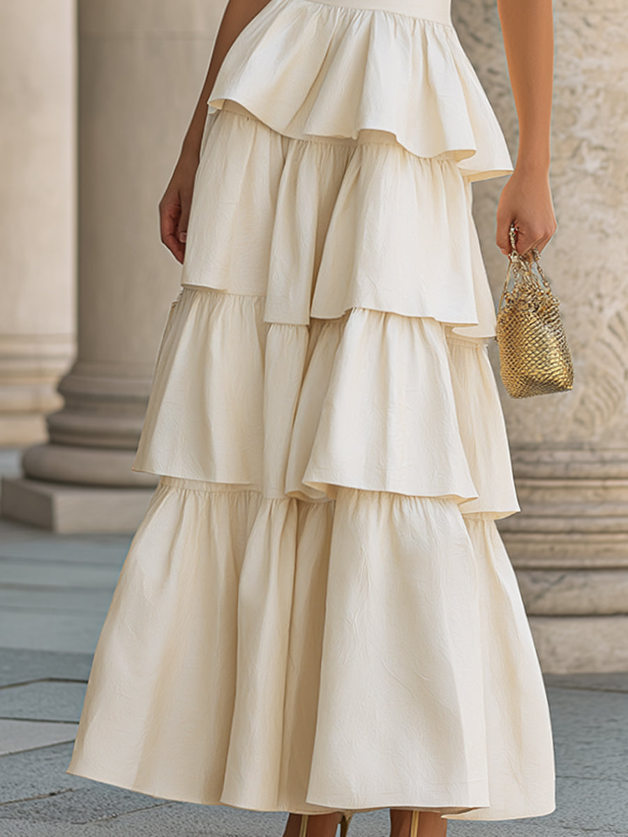 Ivory Halter Peplum Tiered Maxi Dress