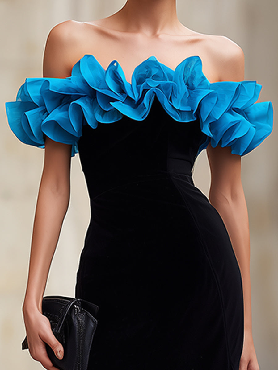 Black Off-Shoulder Evening Gown With Blue Ruffle Detail