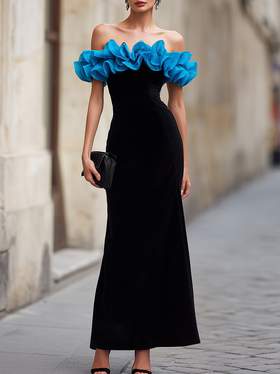 Black Off-Shoulder Evening Gown With Blue Ruffle Detail