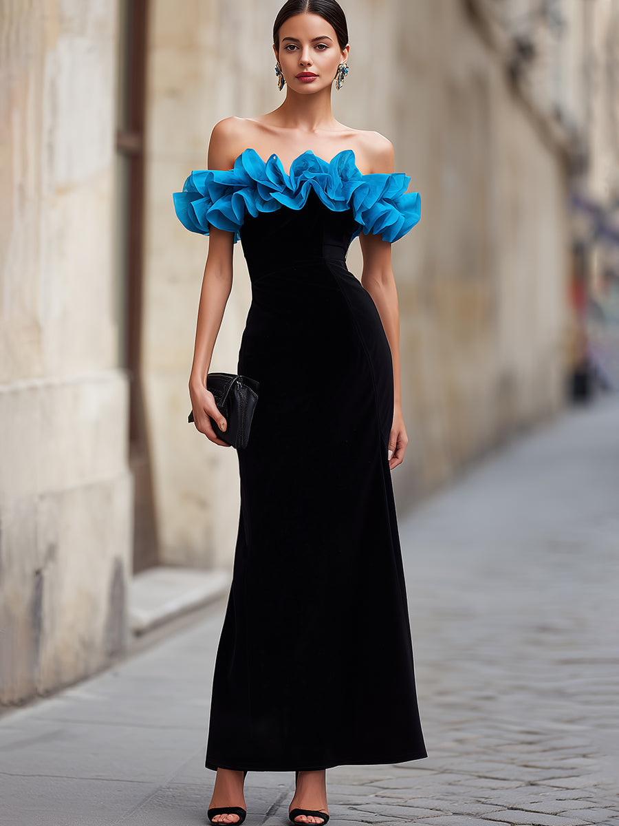 Black Off-Shoulder Evening Gown With Blue Ruffle Detail