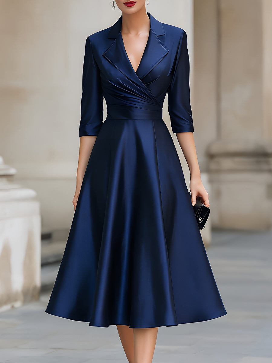 Satin Blazer-Collar Wrap-Waist A-Line Midi Dress
