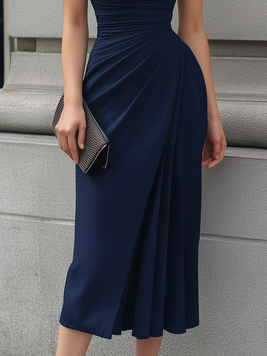 Short-Sleeve Side Drape Ruched Wrap Midi Dress