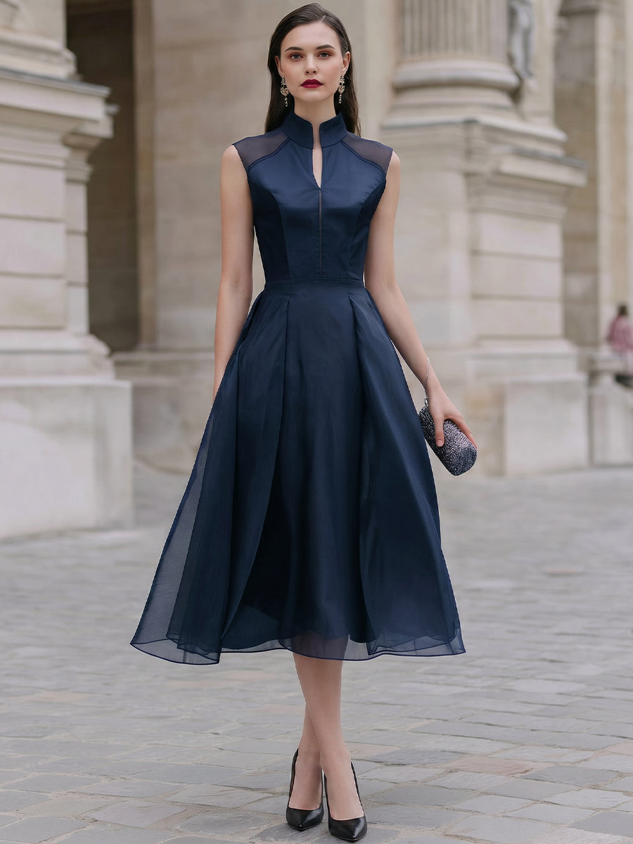 Structured Mandarin Collar Organza Midi Dress