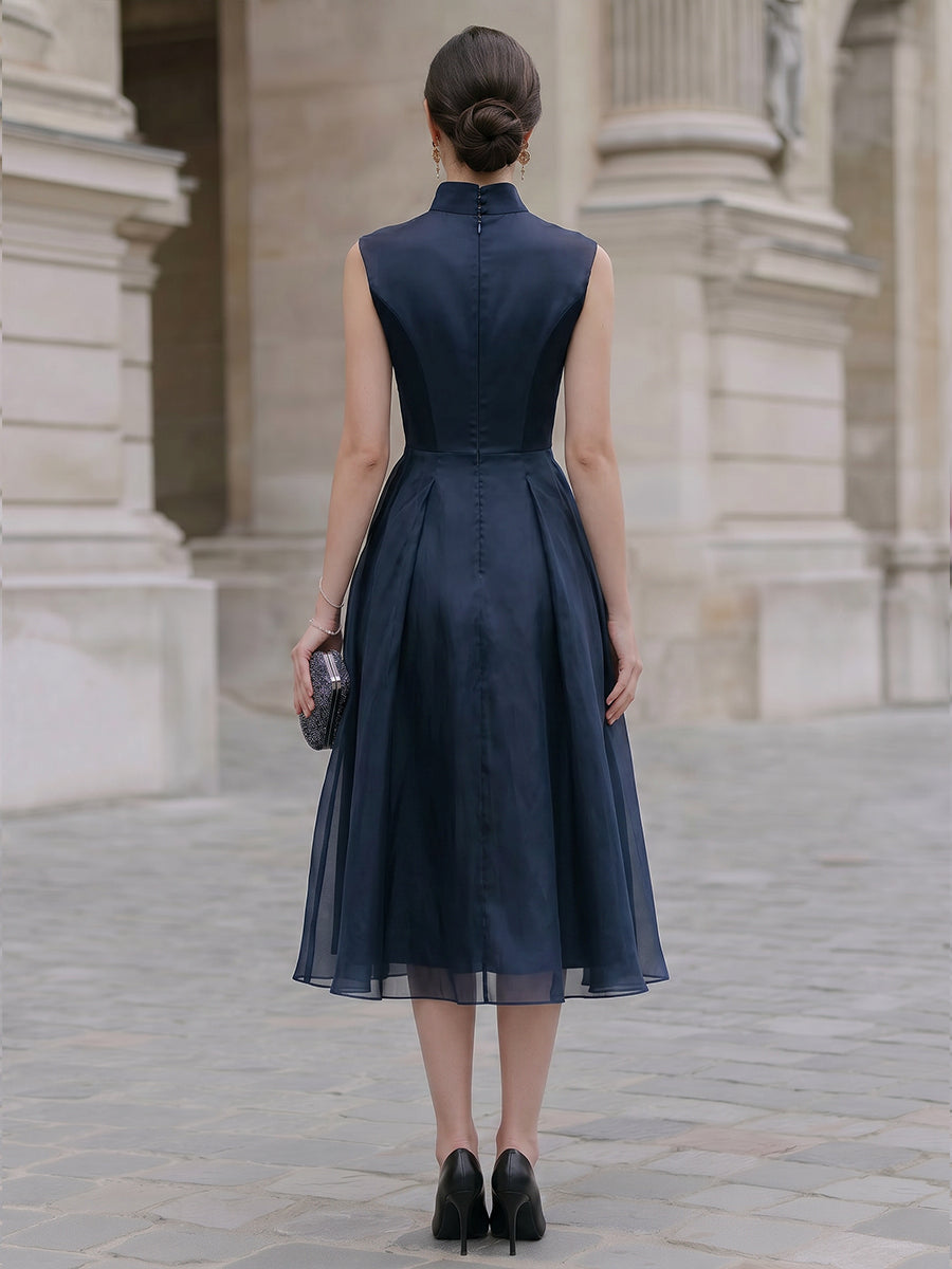 Structured Mandarin Collar Organza Midi Dress