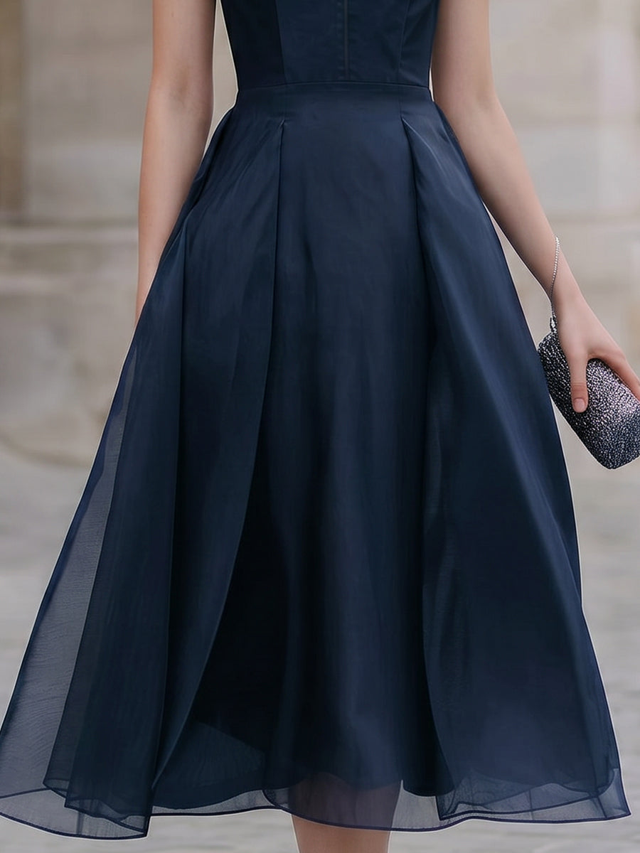 Structured Mandarin Collar Organza Midi Dress