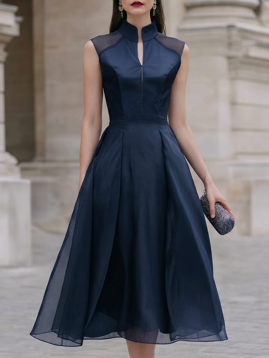 Structured Mandarin Collar Organza Midi Dress