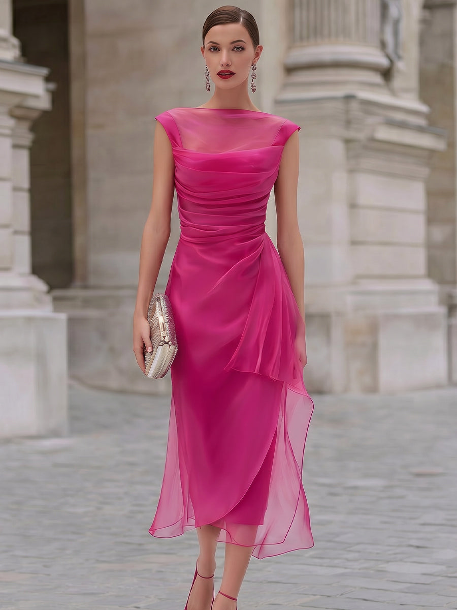 Draped Sheer Overlay Satin Midi Dress
