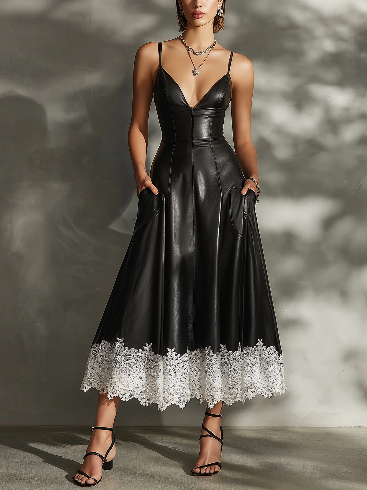 Black Faux Leather Lace-Trim Midi Dress