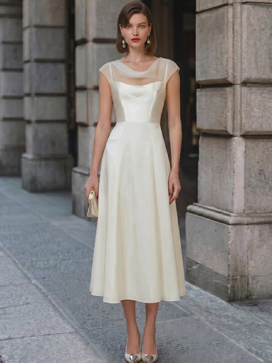 Sheer Bateau Neckline A-Line Midi Dress