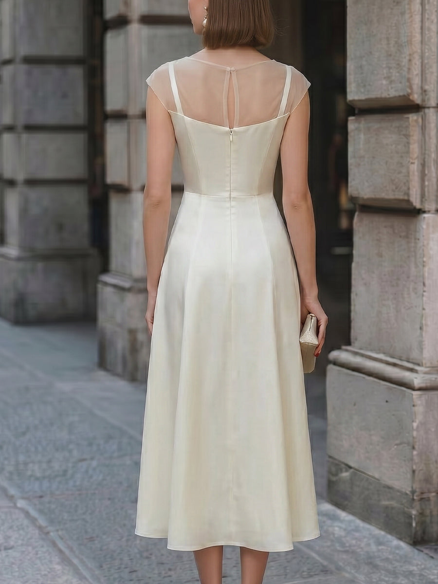Sheer Bateau Neckline A-Line Midi Dress