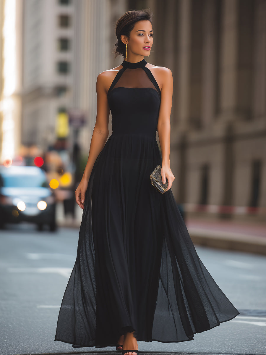 Illusion Halter Tulle Maxi Dress
