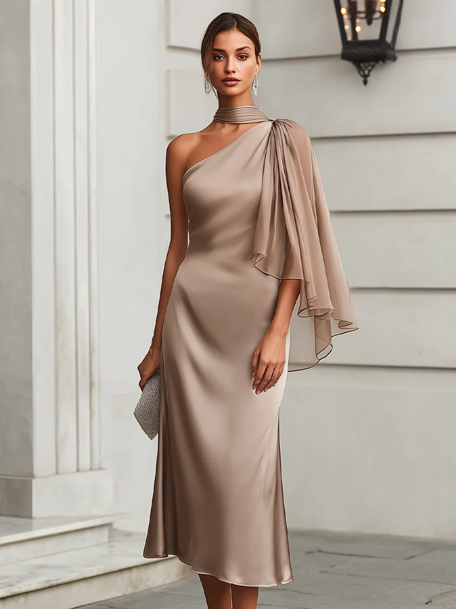 One-Shoulder Draped Cape Midi Dress