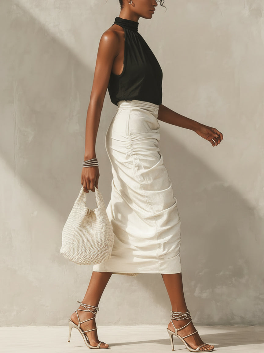 Black Halter Top And Ivory Ruched Midi Skirt Set
