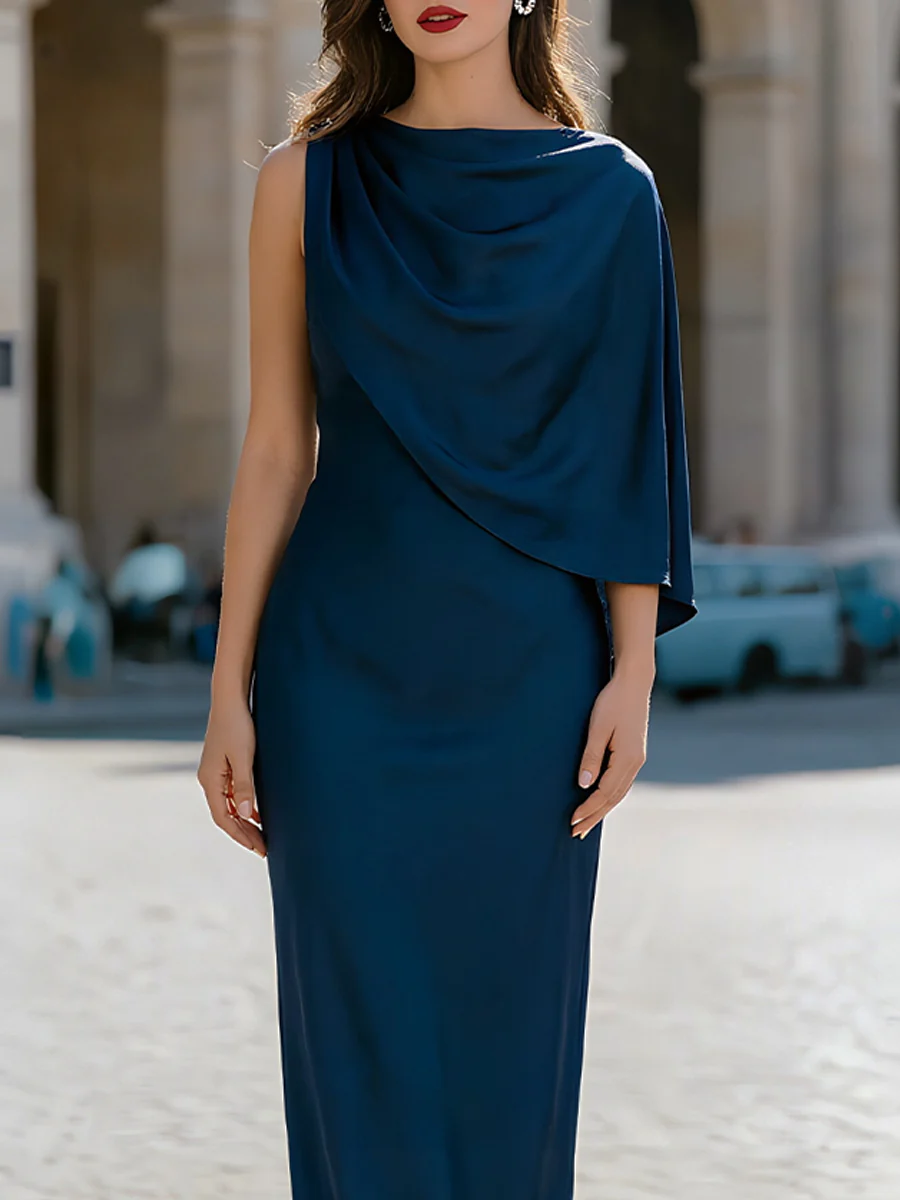 Satin Draped Cape Sleeveless Floor-Length Evening Maxi Dress