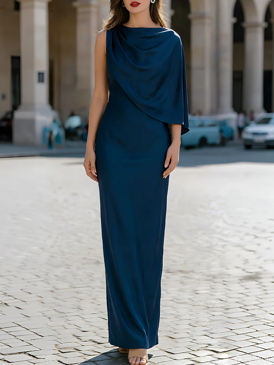 Satin Draped Cape Sleeveless Floor-Length Evening Maxi Dress
