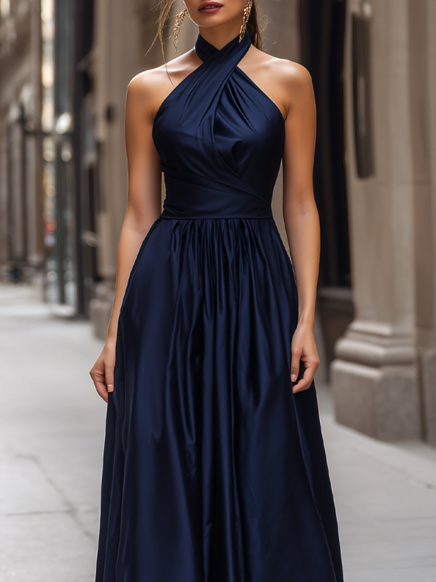 Elegant Halter Neck Satin Maxi Dress