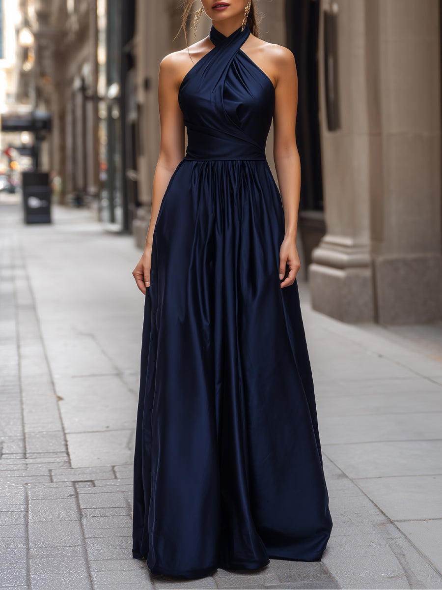 Elegant Halter Neck Satin Maxi Dress