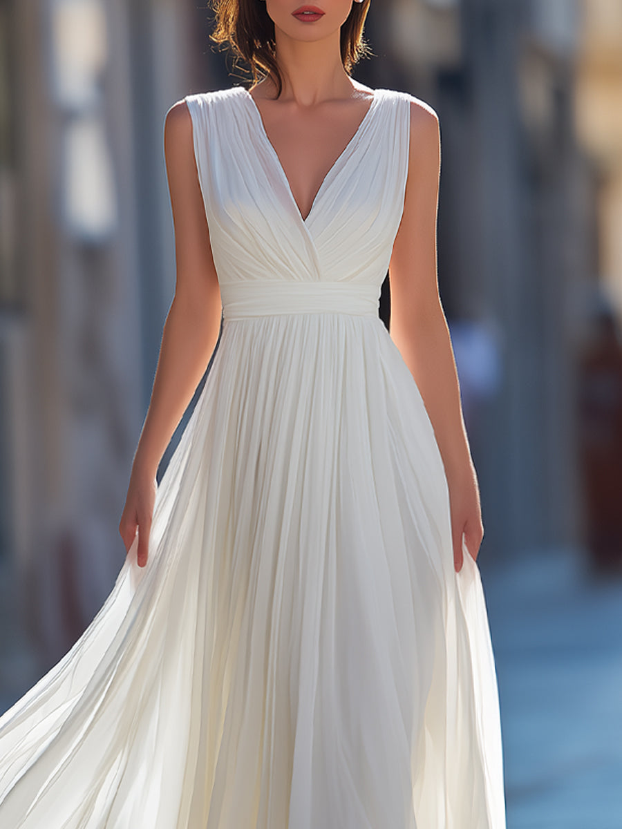 Elegant Pleated Maxi Dress With V-Neckline