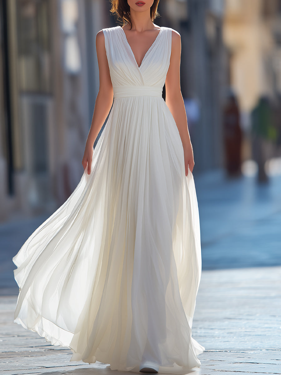 Elegant Pleated Maxi Dress With V-Neckline