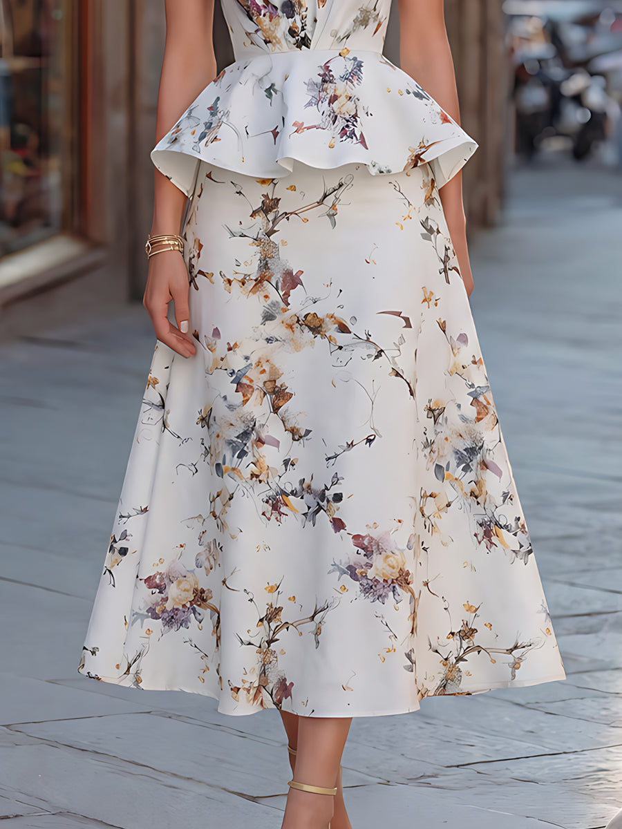 Floral Pleated V-Neck Midi Dress