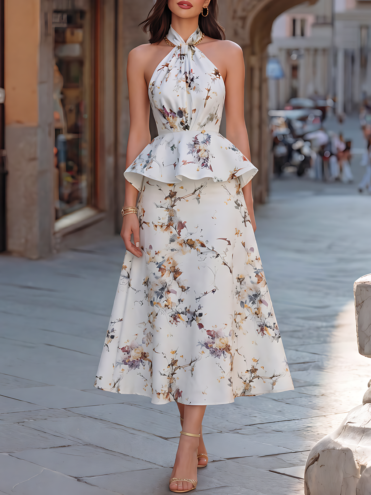 Floral Pleated V-Neck Midi Dress