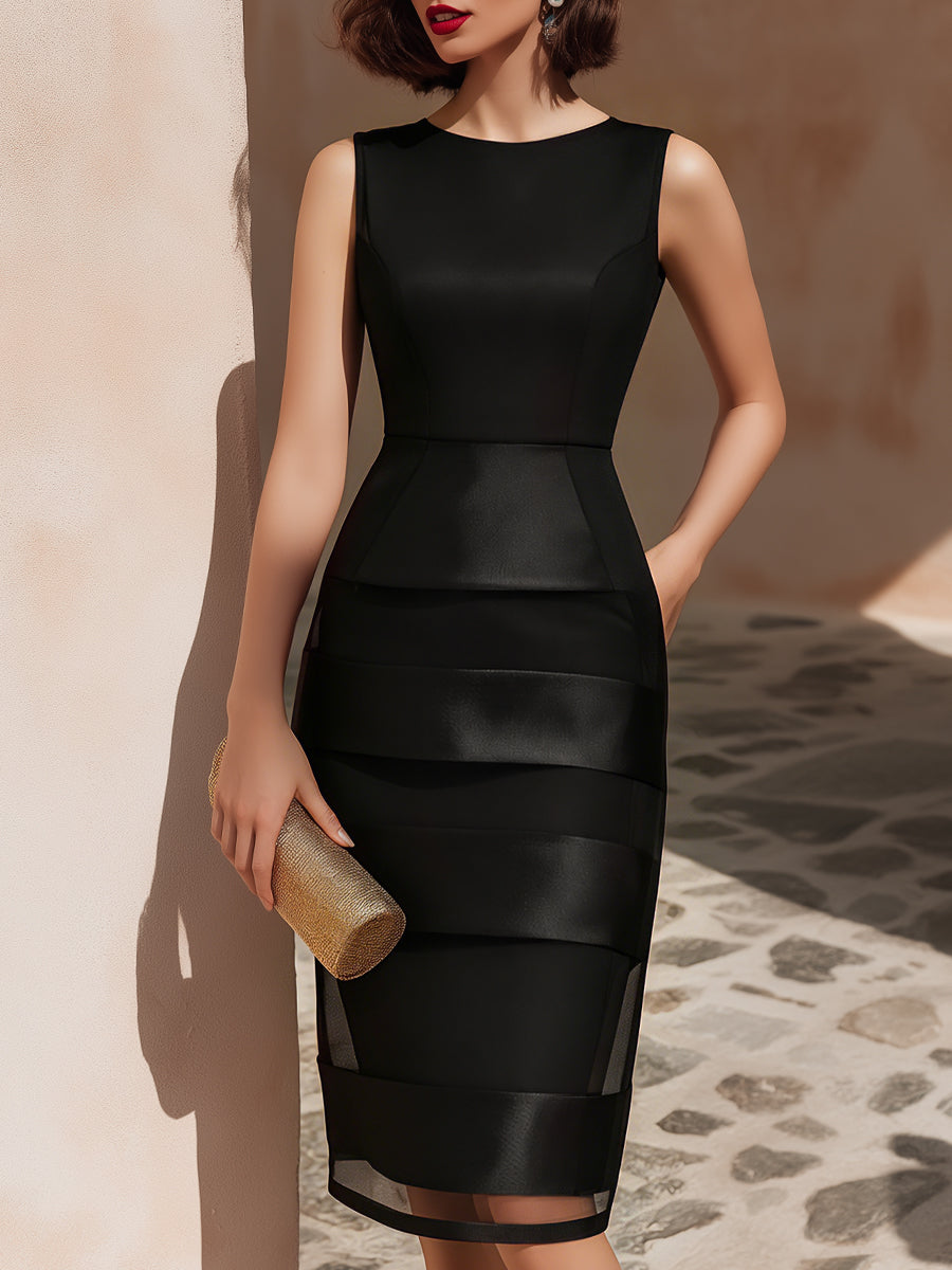 Sleeveless Satin Mesh Panel Peplum Midi Dress