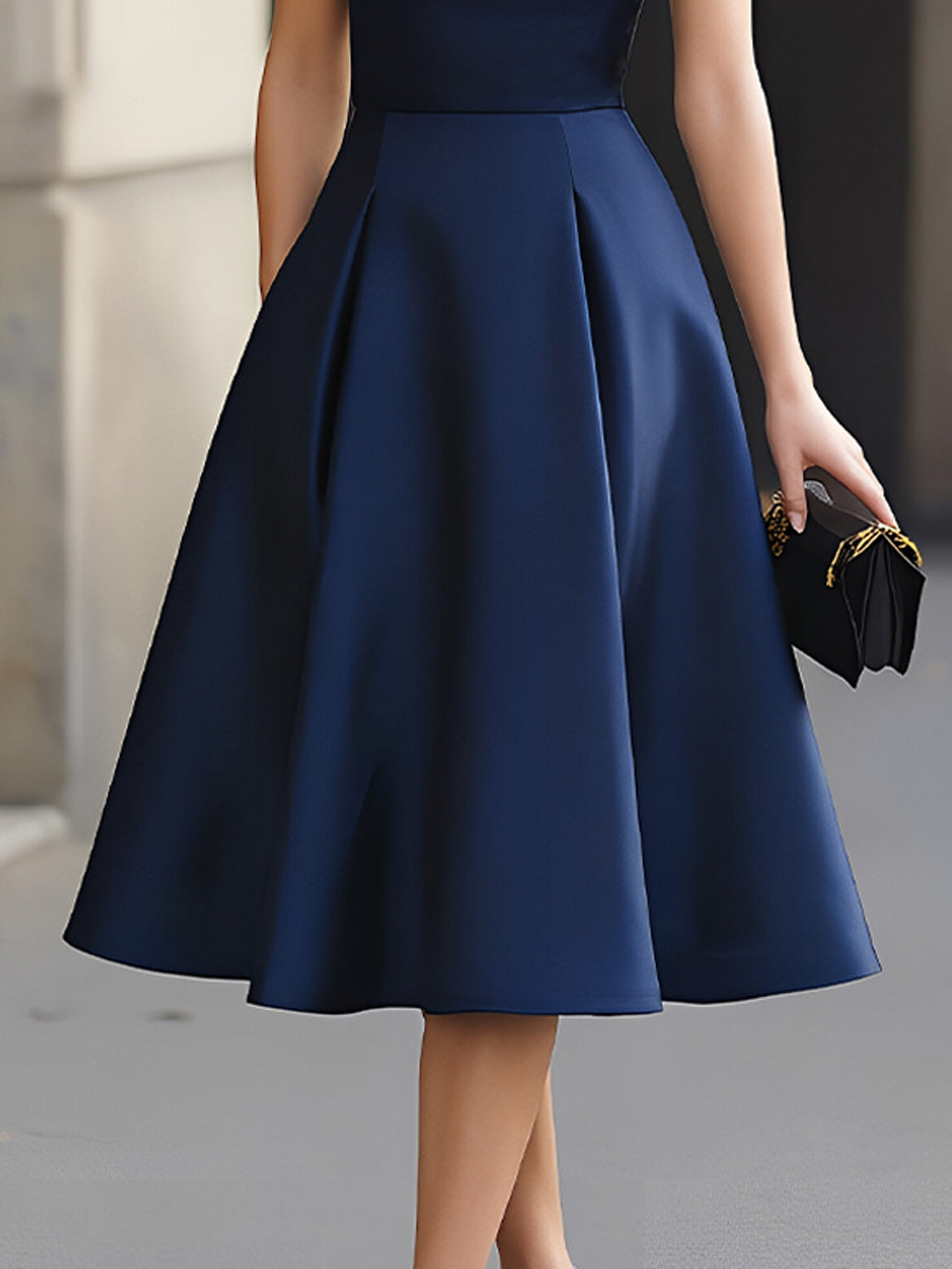 Off-the-Shoulder Fold Collar Satin Fit-and-Flare Midi Dress