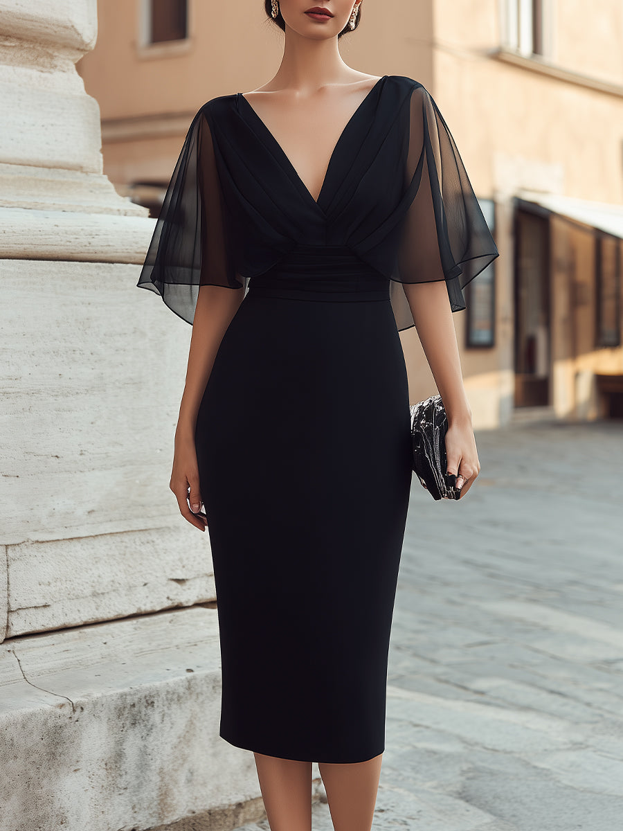 Sheer Cape Sleeve V-Neck Midi Dress