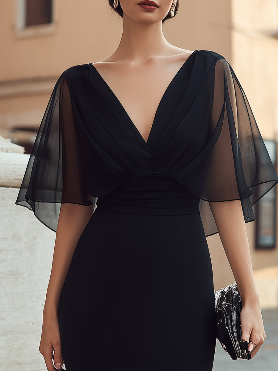 Sheer Cape Sleeve V-Neck Midi Dress