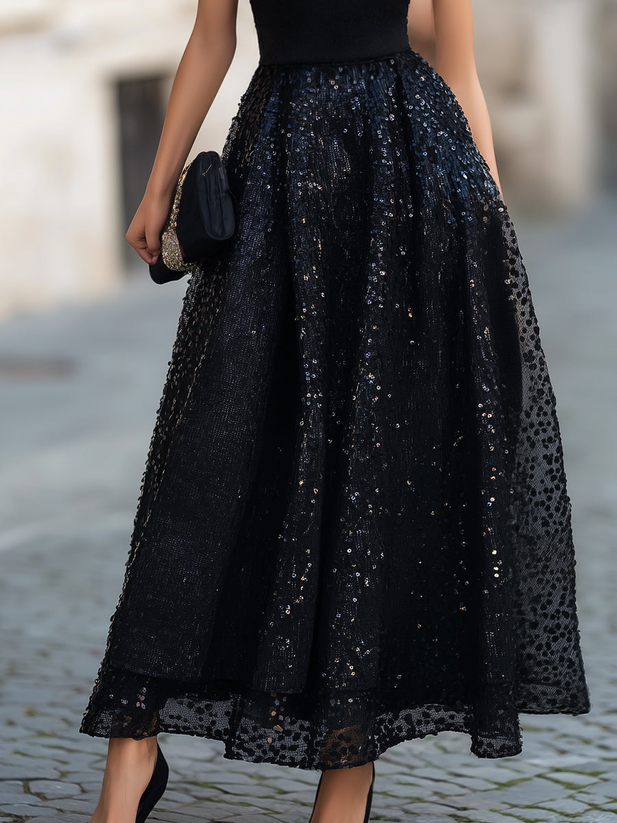 Sleeveless Sequin Skirt Evening Maxi Dress