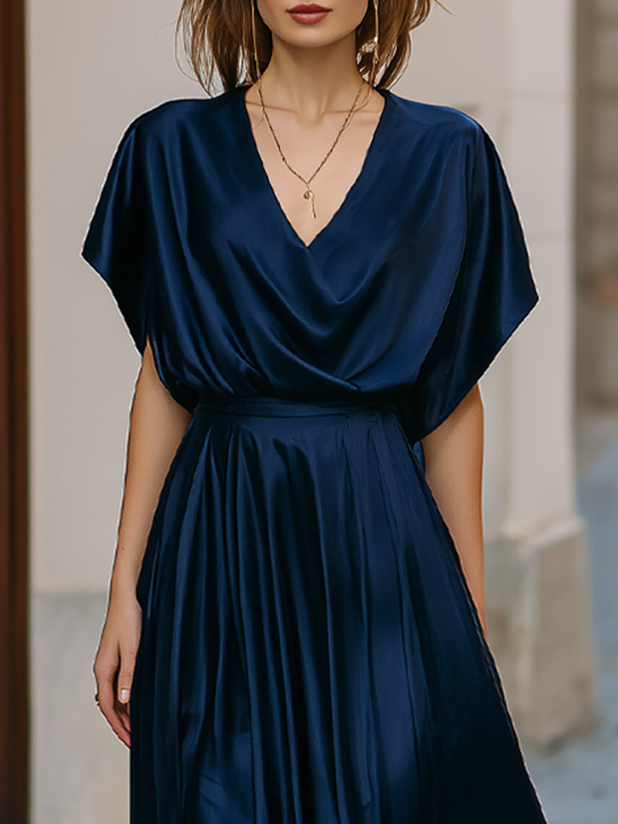 Draped V-Neck Satin Pleated Maxi Dress