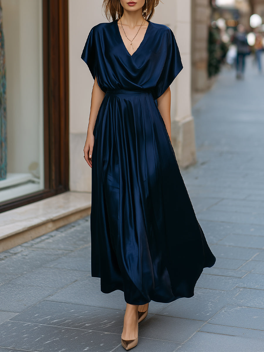 Draped V-Neck Satin Pleated Maxi Dress