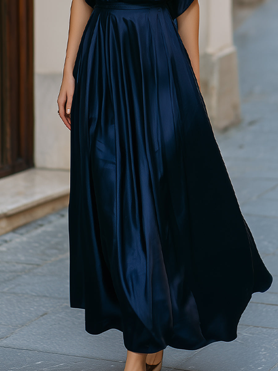 Draped V-Neck Satin Pleated Maxi Dress