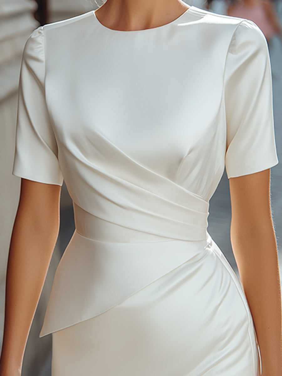 White Glossy Satin Wrap Waist Peplum Short Sleeve Bodycon Mini Dress