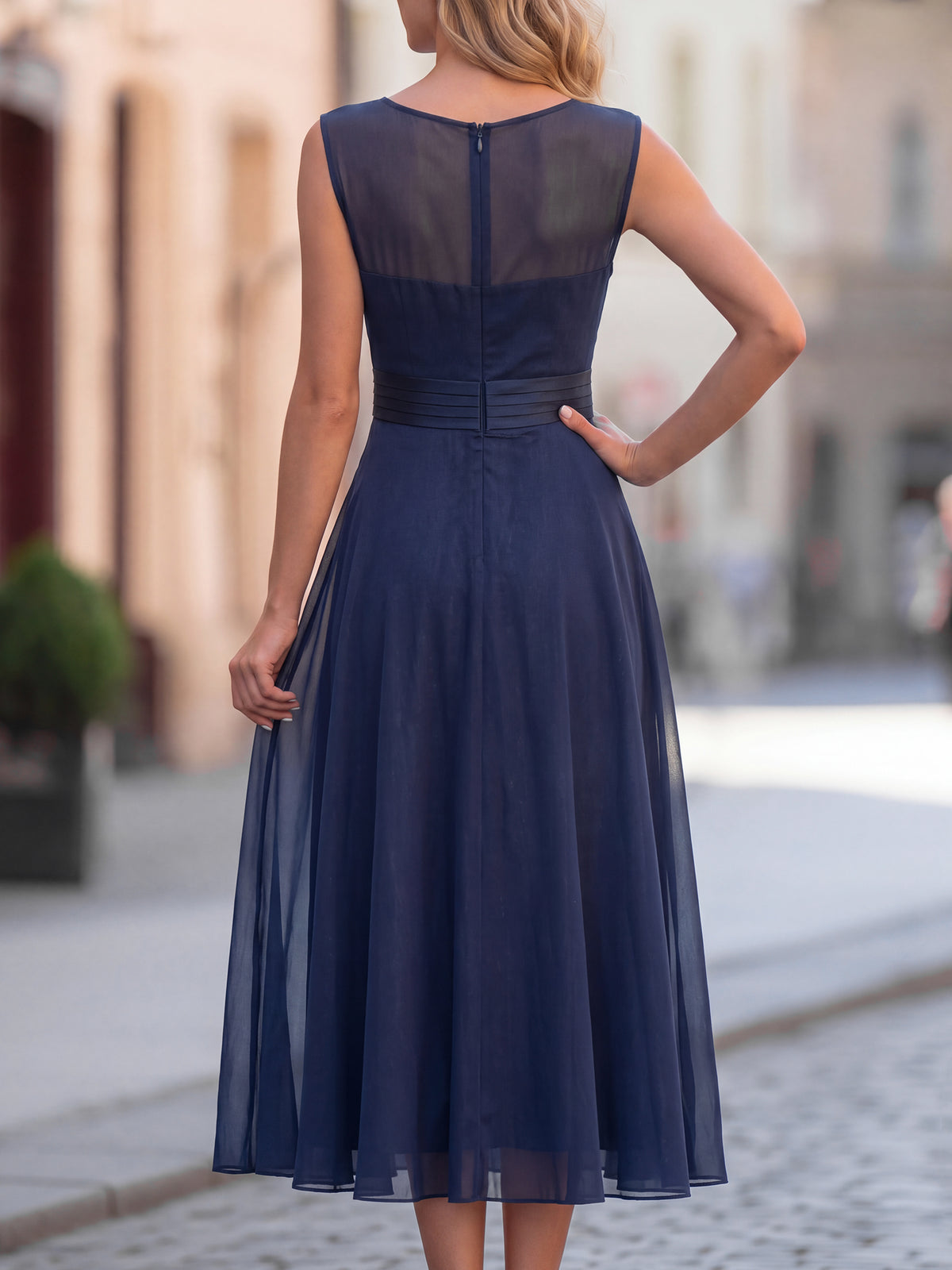 Sheer Mesh Yoke Sleeveless Chiffon Midi Dress