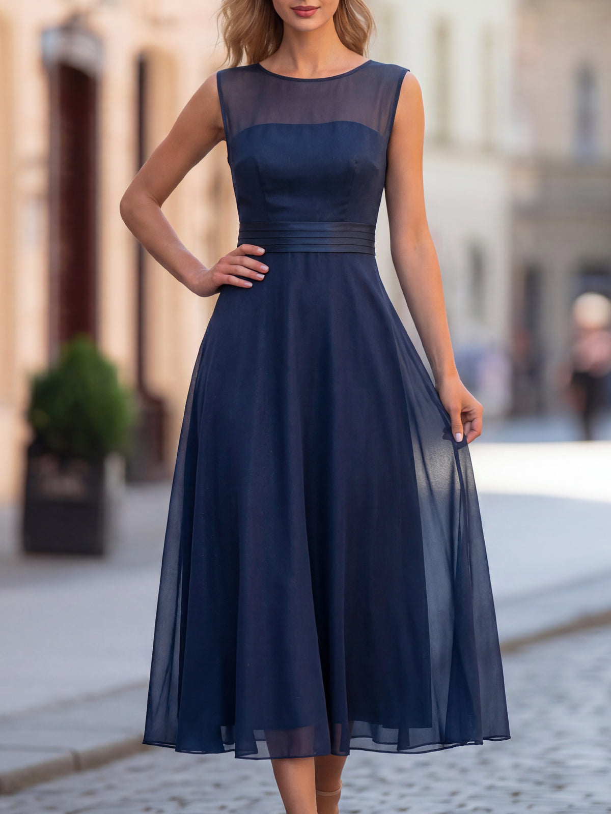 Sheer Mesh Yoke Sleeveless Chiffon Midi Dress
