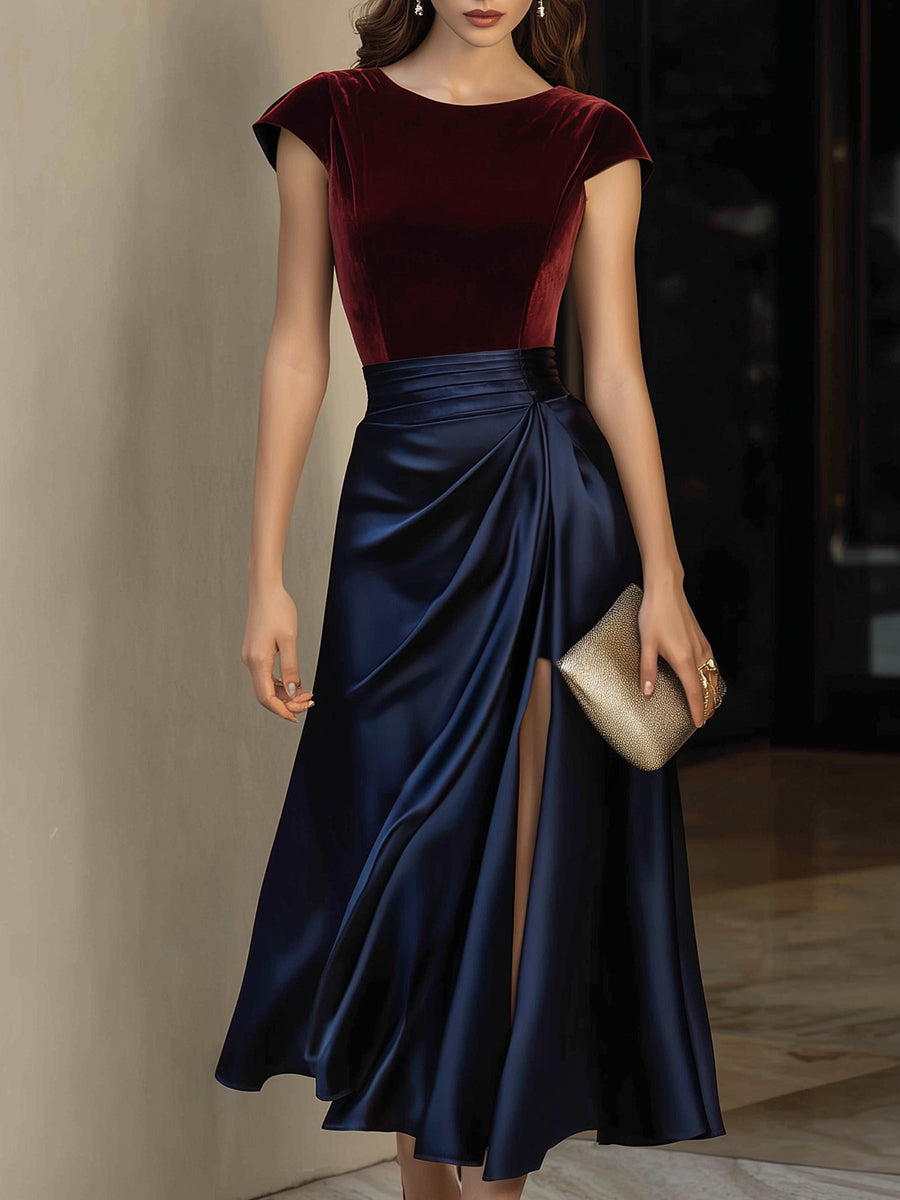 Elegant Two-Tone Velvet & Satin Midi Dress With Side Draped Slit