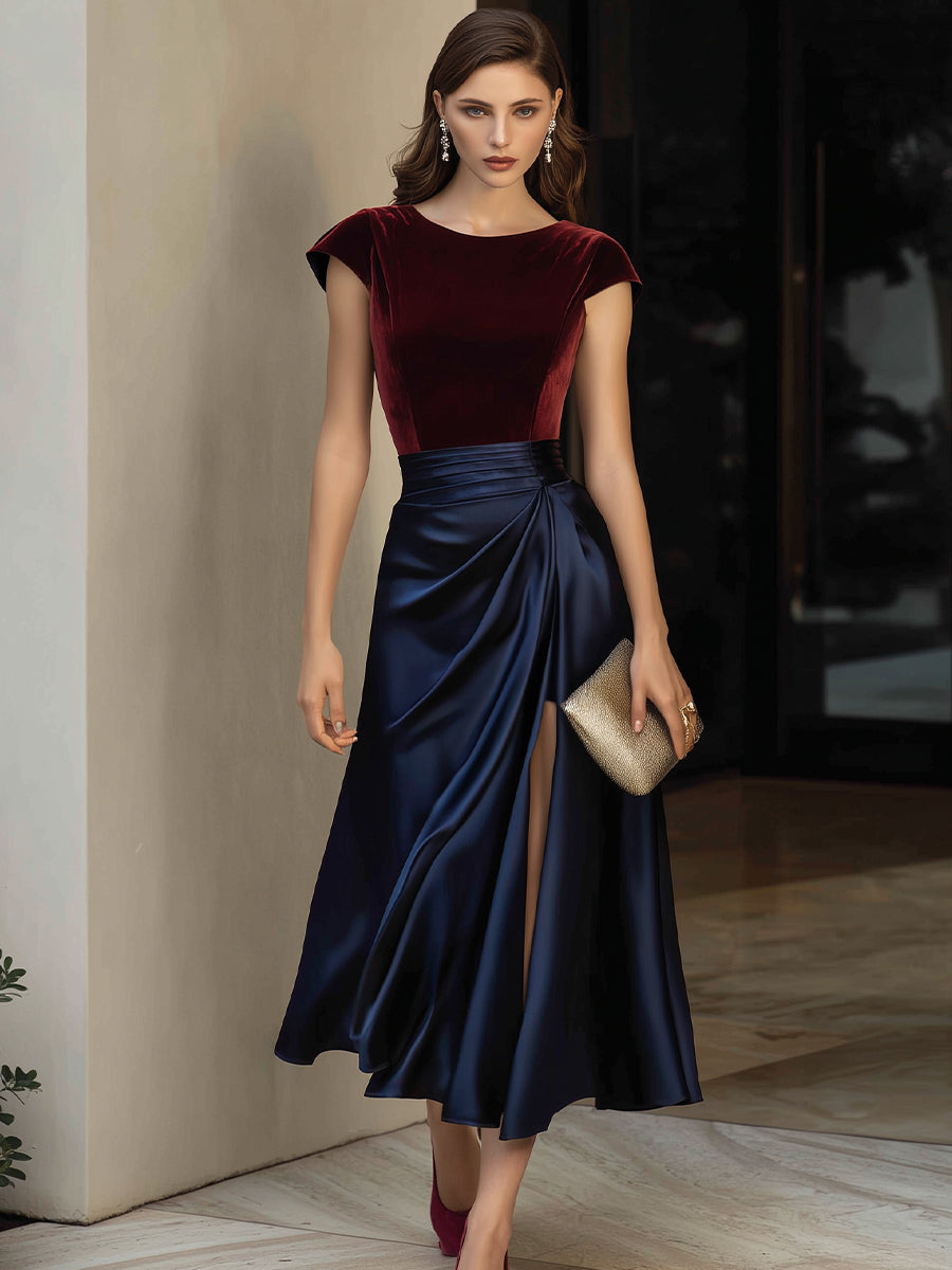 Elegant Two-Tone Velvet & Satin Midi Dress With Side Draped Slit