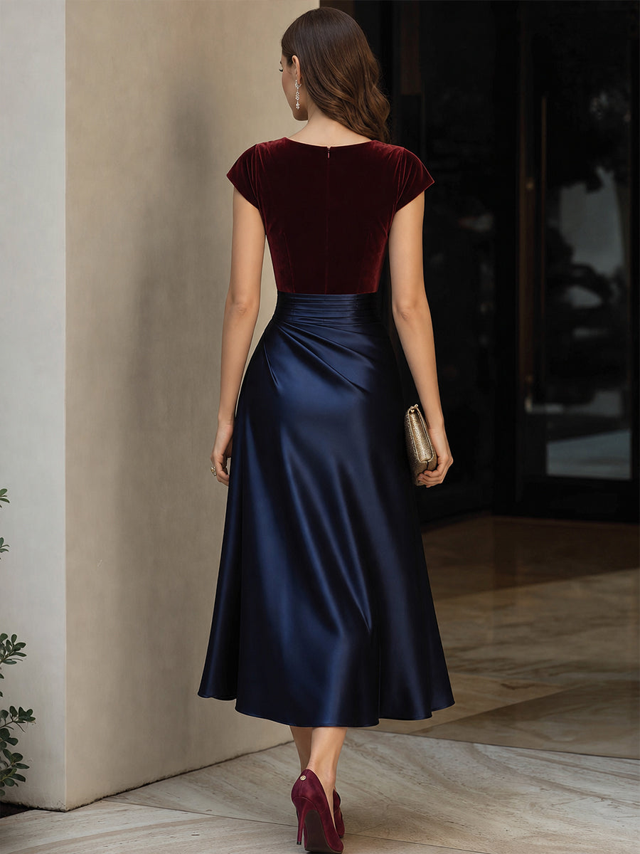 Elegant Two-Tone Velvet & Satin Midi Dress With Side Draped Slit